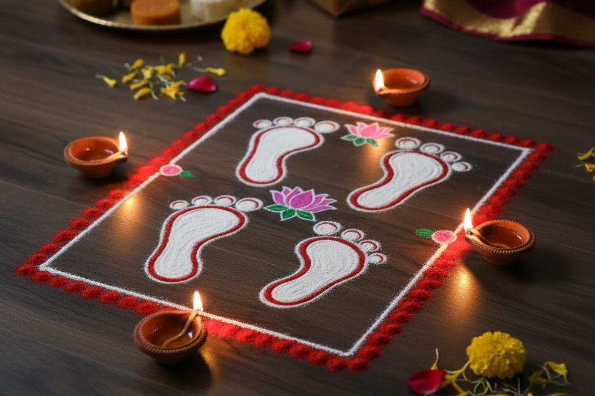 Simple रंगोली डिज़ाइन फॉर दिवाली: दिवाली पर बनाएं ये सिंपल रंगोली डिज़ाइन, रंगों से खिल उठेगा घर का हर कोना 2 माँ लक्ष्मी पदचिह्न रंगोली डिजाइन