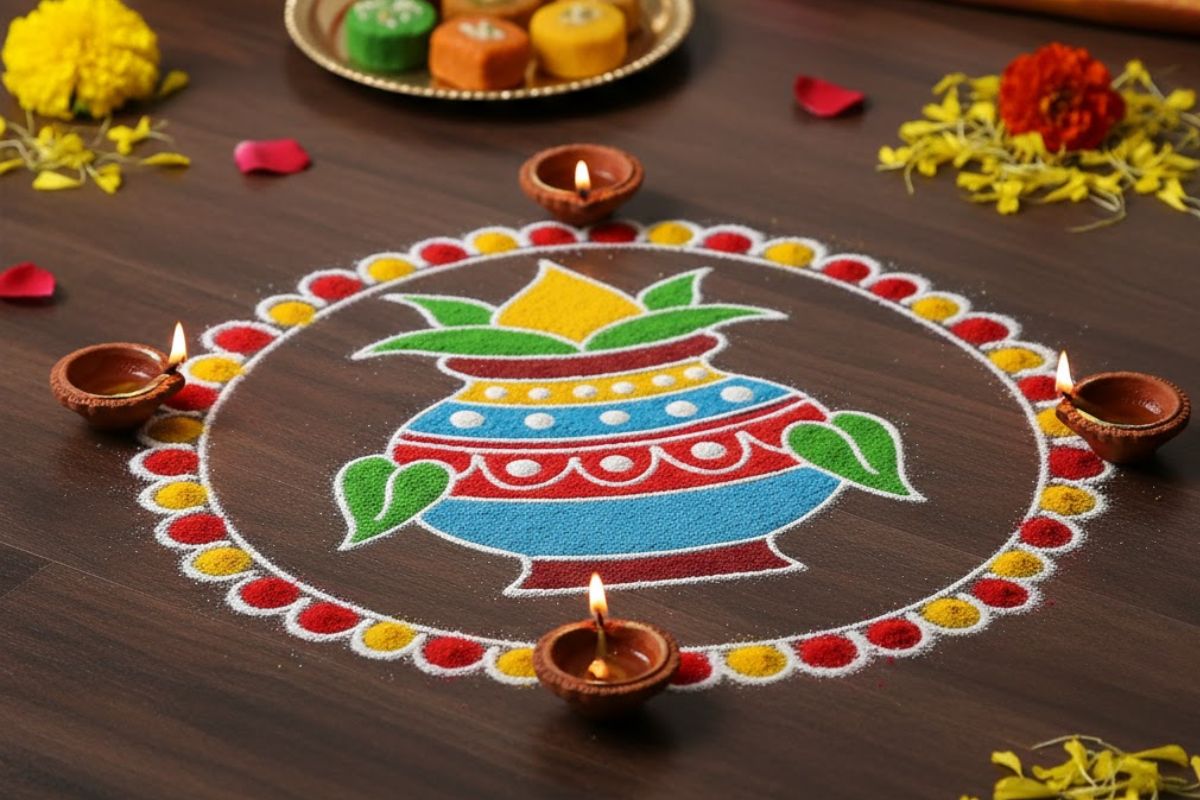 Simple रंगोली डिज़ाइन फॉर दिवाली: दिवाली पर बनाएं ये सिंपल रंगोली डिज़ाइन, रंगों से खिल उठेगा घर का हर कोना 4 सरल कलश रंगोली डिज़ाइन
