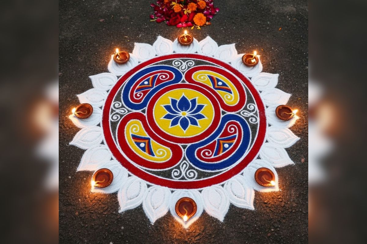 गोवर्धन पूजा रंगोली डिजाइन: इस गोवर्धन पूजा ट्राई करें एआई से बनी अनोखी रंगोली डिजाइन, आपकी सजावट होगी अद्भुत 8 रंगोली डिज़ाइन 1
