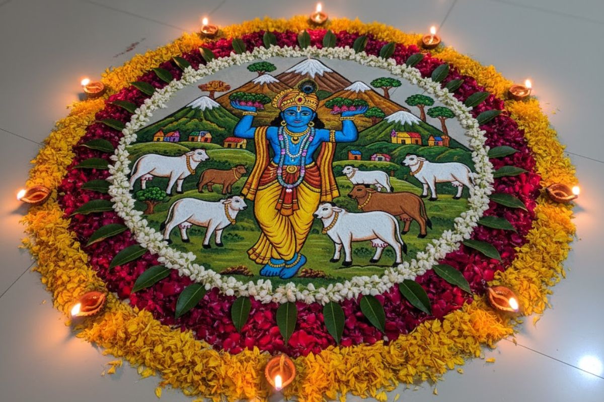 गोवर्धन पूजा रंगोली डिजाइन: इस गोवर्धन पूजा ट्राई करें एआई से बनी अनोखी रंगोली डिजाइन, आपकी सजावट निखर जाएगी।

