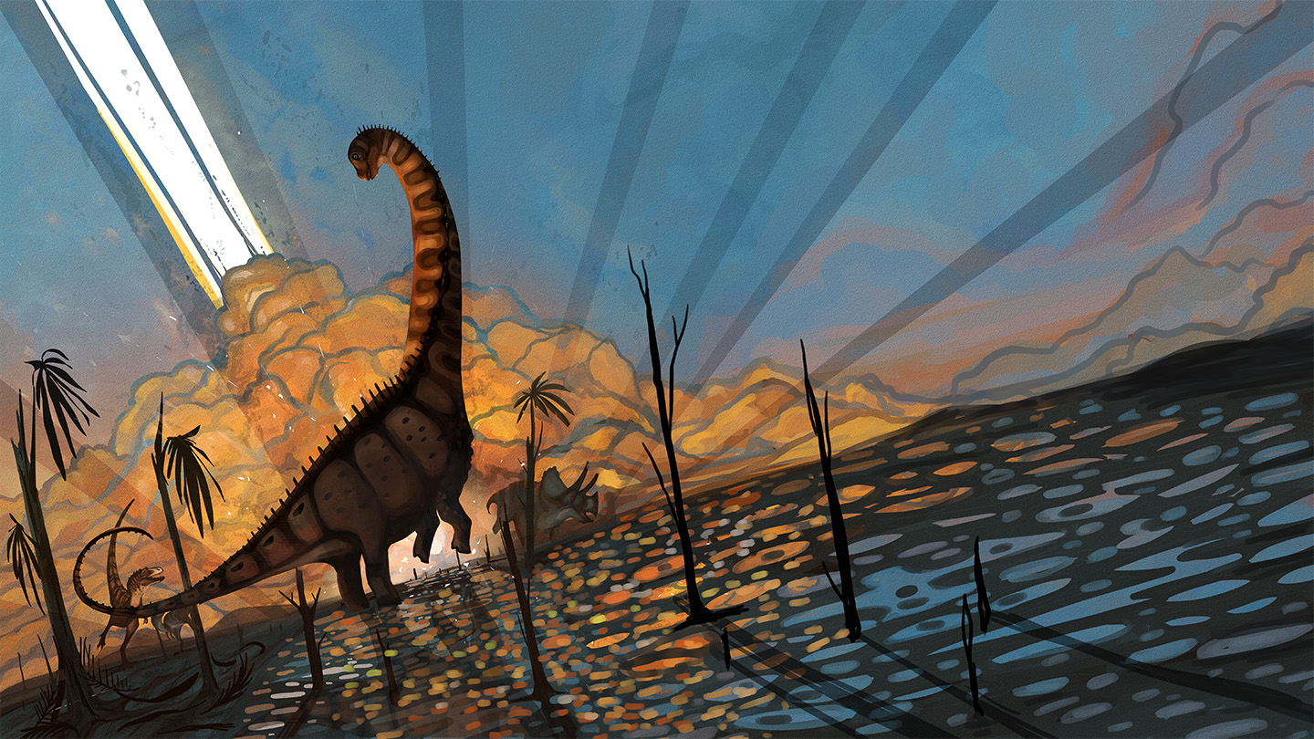 An illustration of the final days of dinosaurs, with a large long-necked dinosaur rearing up, other dinos running in the background and a streak of light from an asteroid crashing to Earth.
