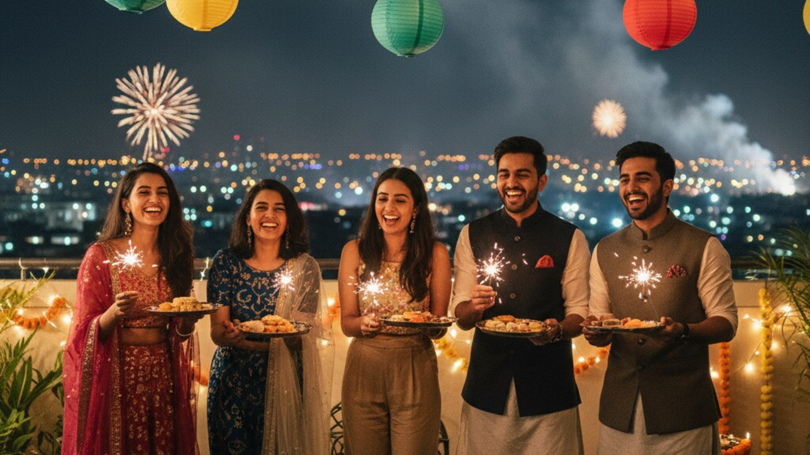 AI-generated portrait of friends in saree and kurta-pyjama celebrating Diwali. 