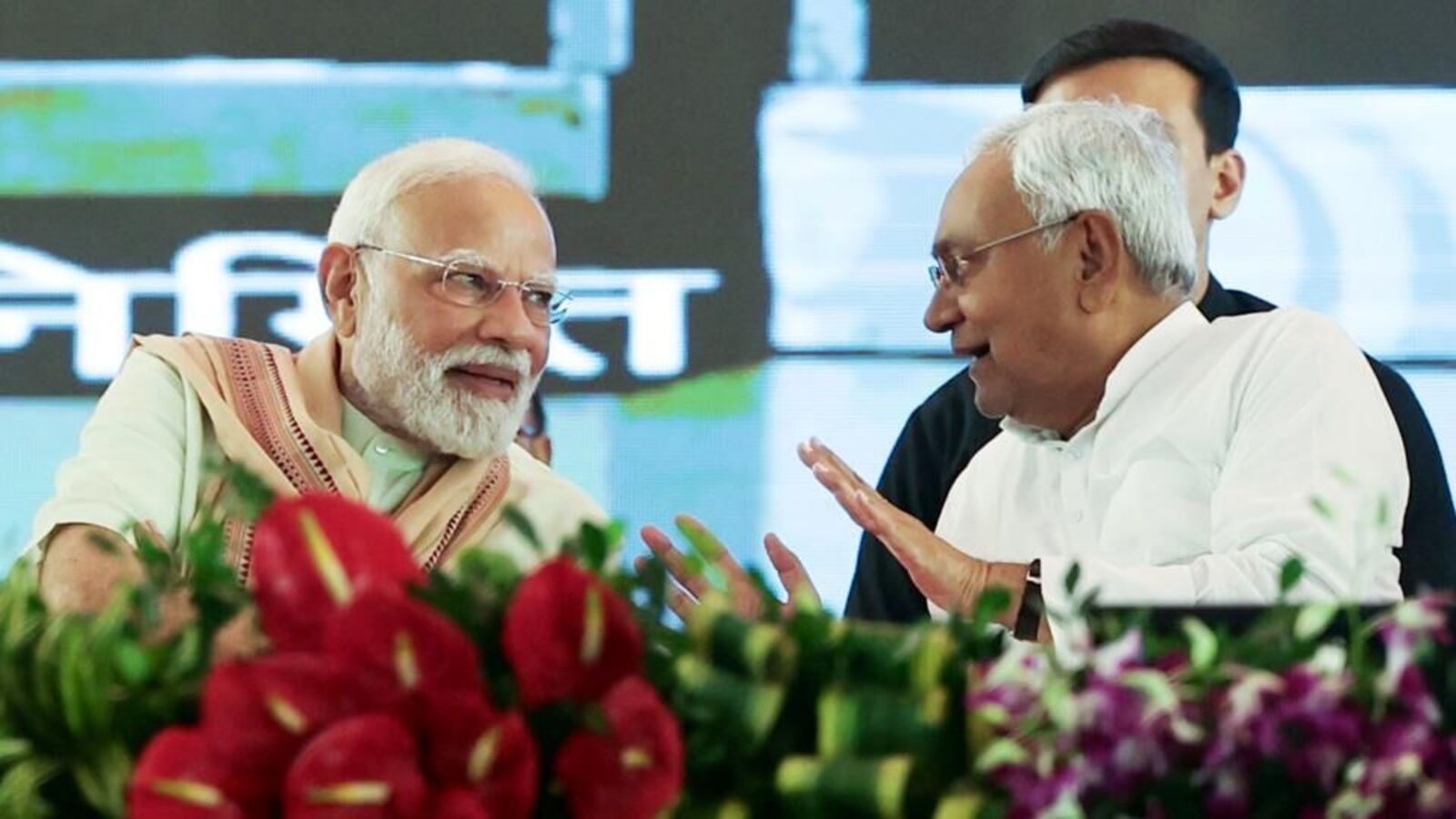 Bihar chief minister Nitish Kumar (right) with Prime Minister Narendra Modi during a public meeting in Purnea on September 15. 