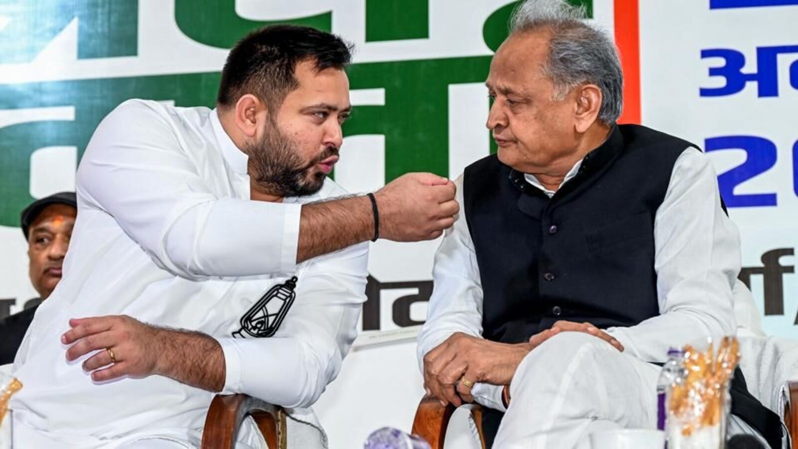 Bihar leader of opposition Tejashwi Yadav (left) with senior Congress leader Ashok Gehlot in Patna on Thursday. (ANI)