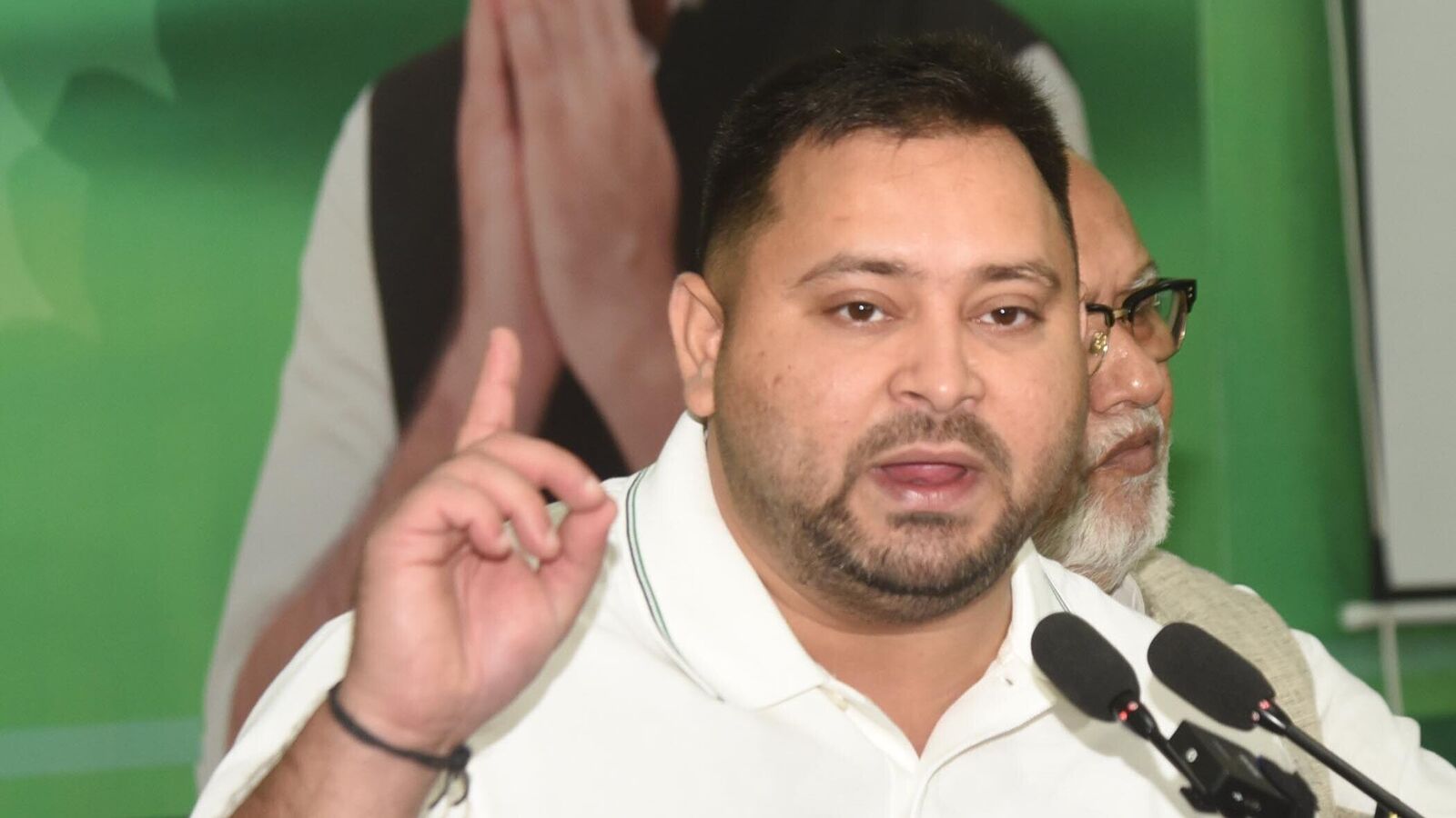 RJD leader Tejashwi Yadav addressing a press conference at his residence, Polo road in Patna, Bihar.