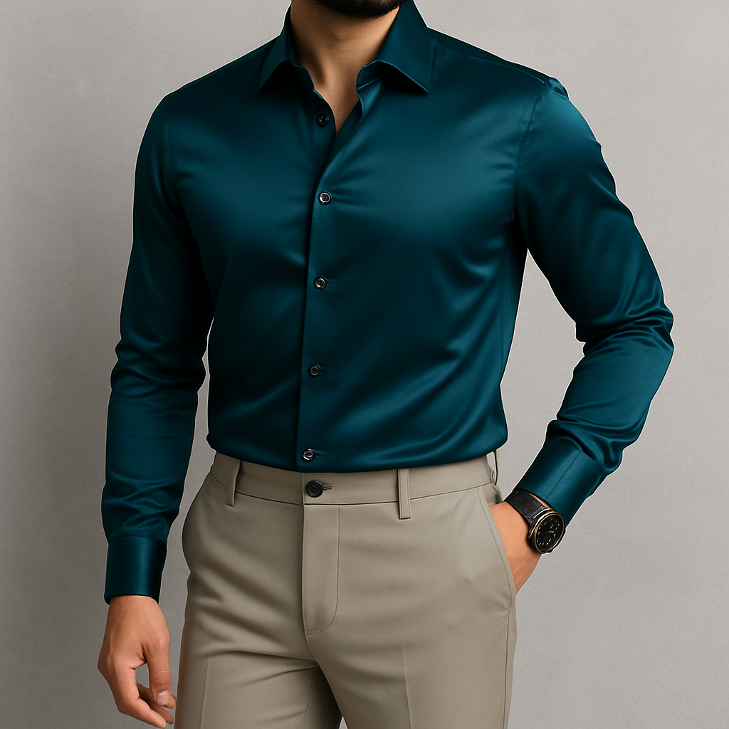 Satin Shirt & Trouser Combo - Teal & Beige
