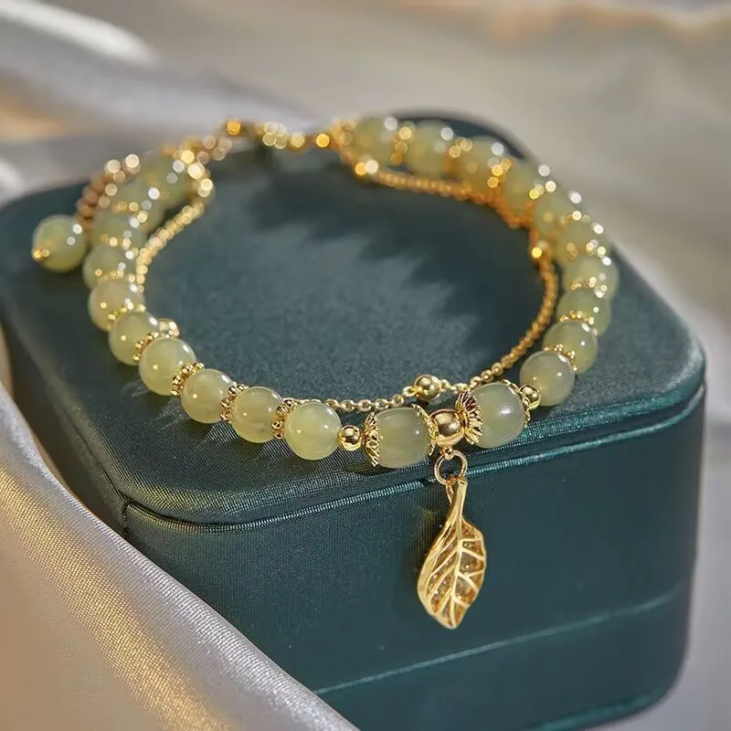 2026Chinese Style Green Jade Bracelet For Women Exquisite Gold Color Leaves Wrist Strap Bangle Double Chain Bracelet Girls Gifts