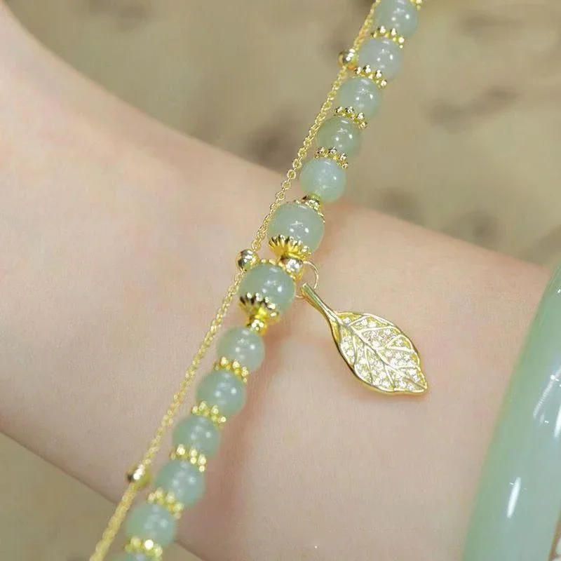 2026Chinese Style Green Jade Bracelet For Women Exquisite Gold Color Leaves Wrist Strap Bangle Double Chain Bracelet Girls Gifts - Image 5