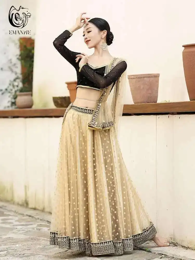 New Exotic Indian Dance Dress Ethnic Style Female Belly Dance Scarf Top Large Swing Skirt Lengha Set