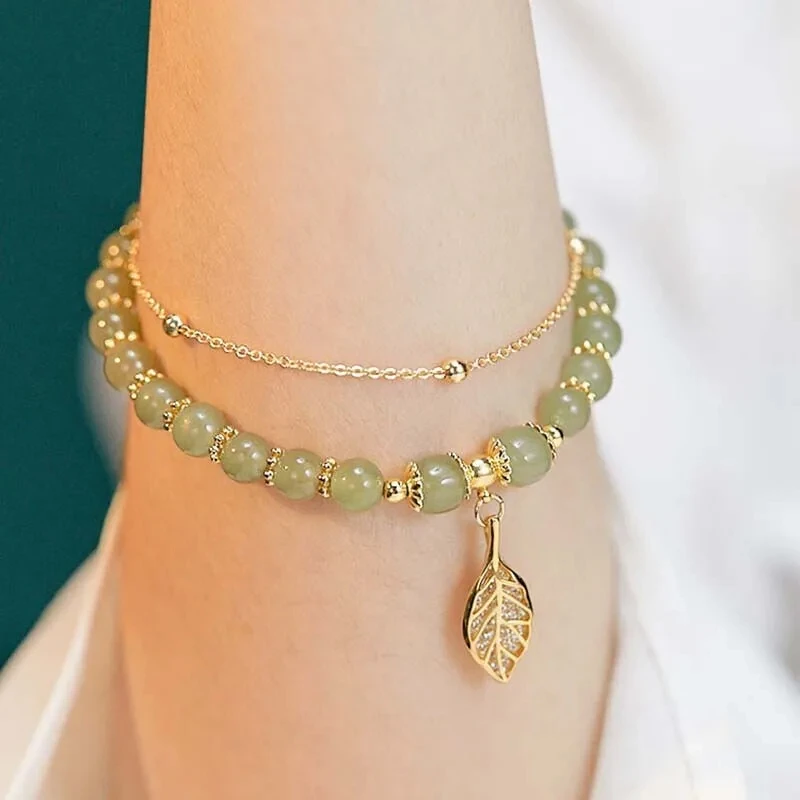 2026Chinese Style Green Jade Bracelet For Women Exquisite Gold Color Leaves Wrist Strap Bangle Double Chain Bracelet Girls Gifts - Image 2