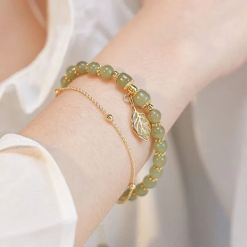 2026Chinese Style Green Jade Bracelet For Women Exquisite Gold Color Leaves Wrist Strap Bangle Double Chain Bracelet Girls Gifts - Image 4