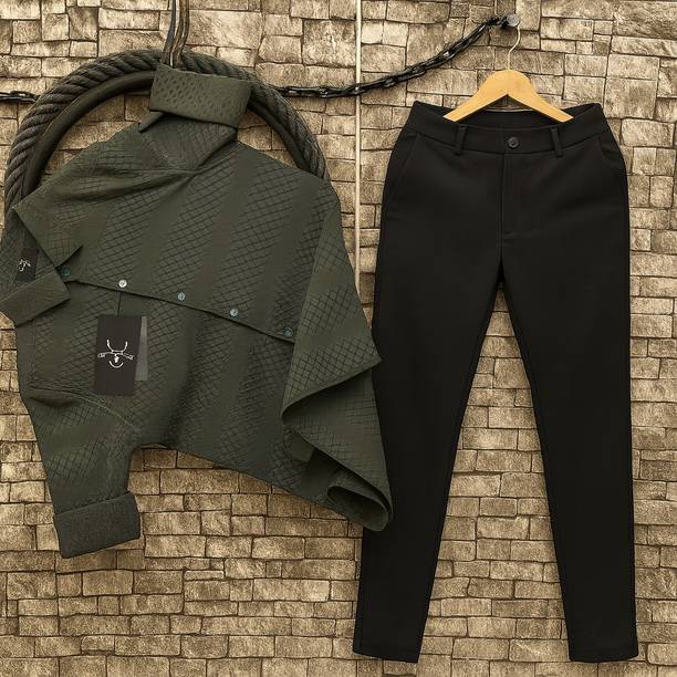 Olive Textured Shirt & Black Trousers Combo